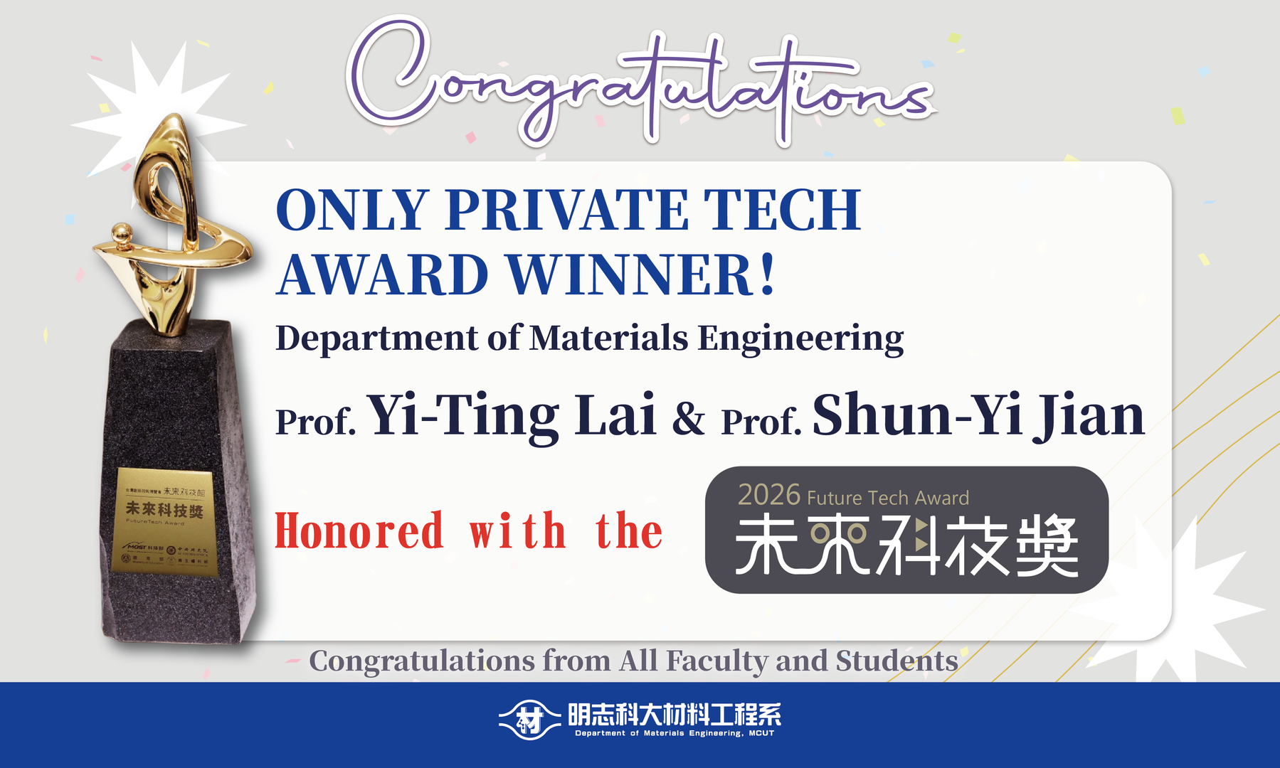 Congratulations!! Professors Shun-Yi Jian and Yi-Ting Lai of Our Department WinImage